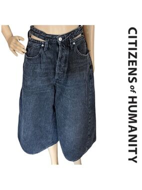 Citizens of humanity cutout waist wide leg baggy denim black jean shorts size 27